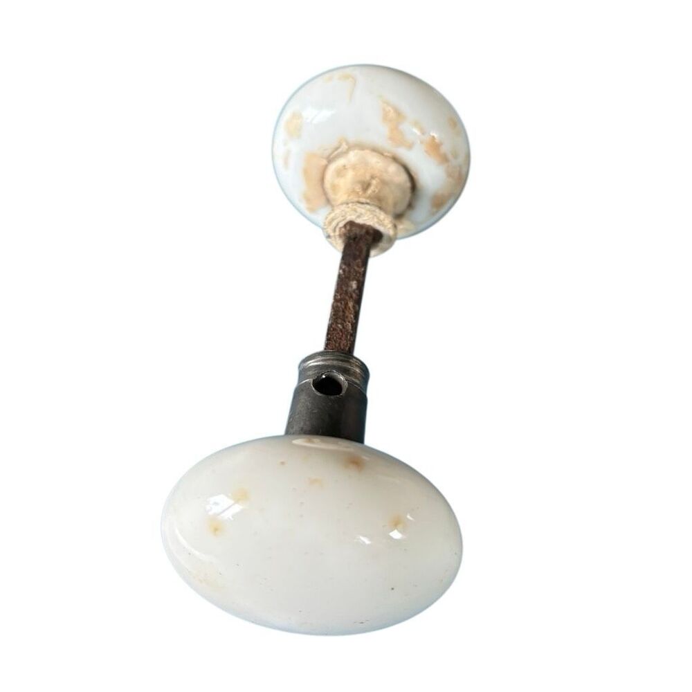 Antique White Porcelain Door Knob Set with Spindle Architectural Salvage 1890s - Picture 2 of 11